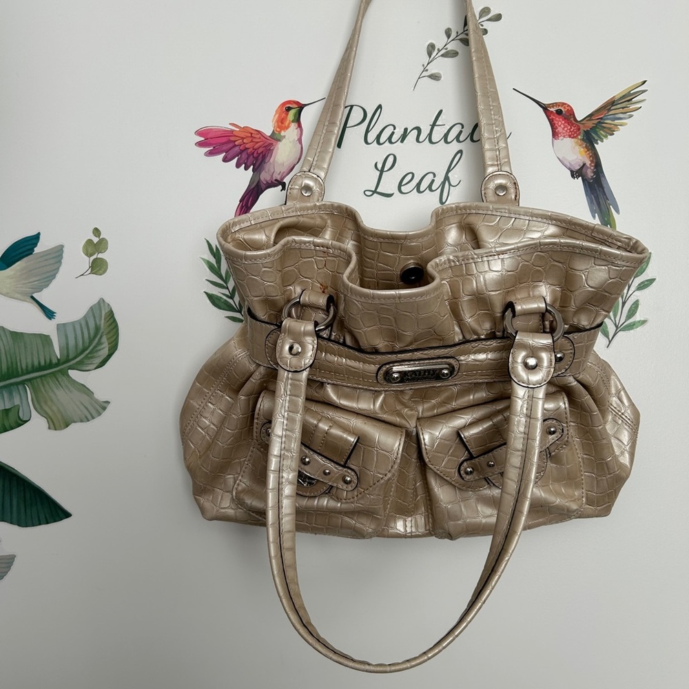 Kathy Van Zeeland Gold Crocodile-Embossed Shoulder Bag